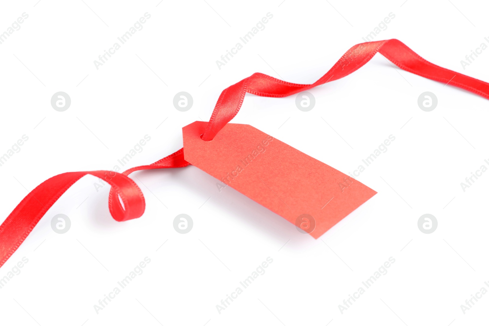 Photo of Blank tag with ribbon isolated on white