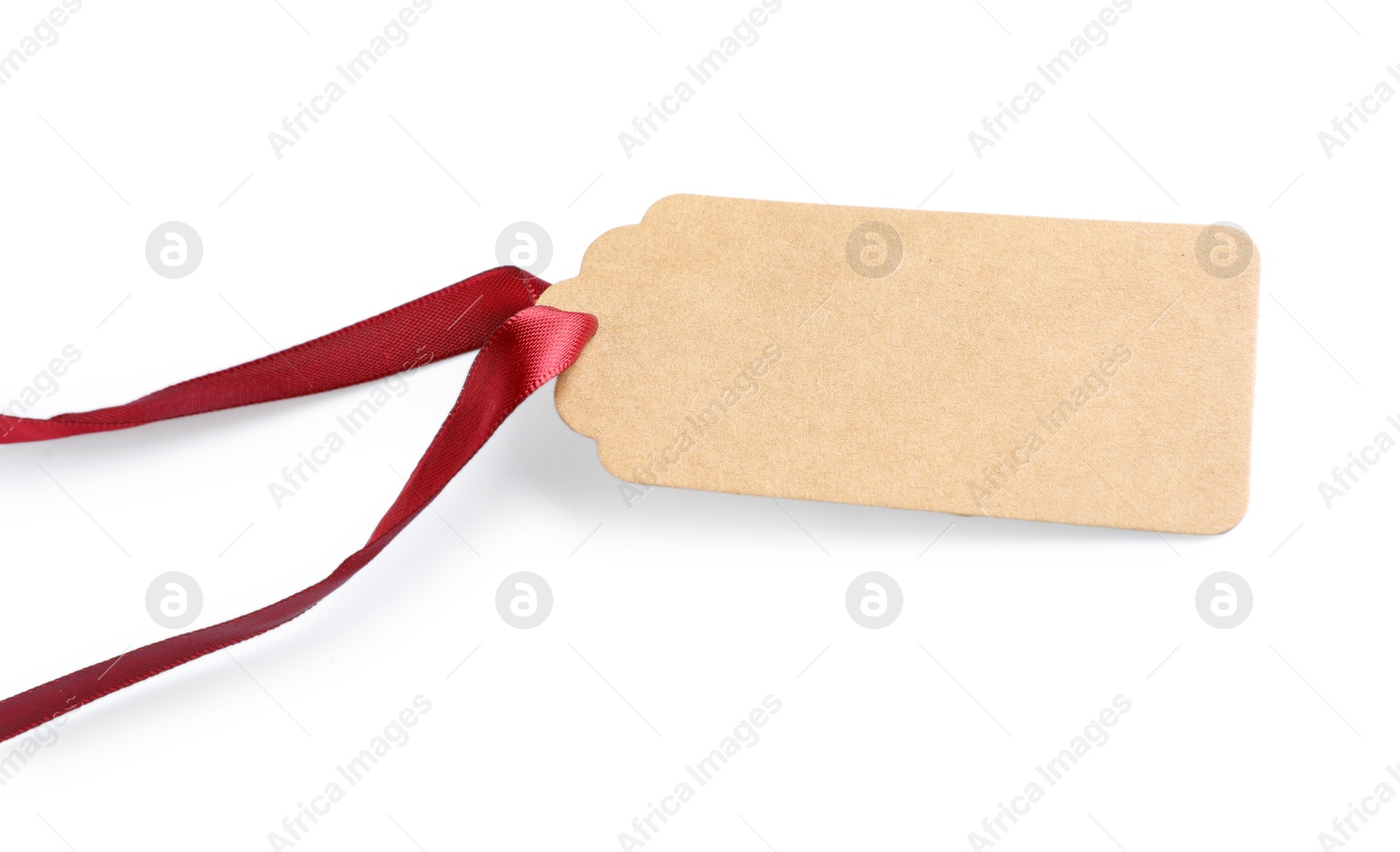 Photo of Blank tag with ribbon isolated on white