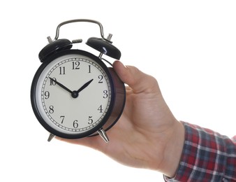 Photo of Man with black alarm clock on white background, closeup