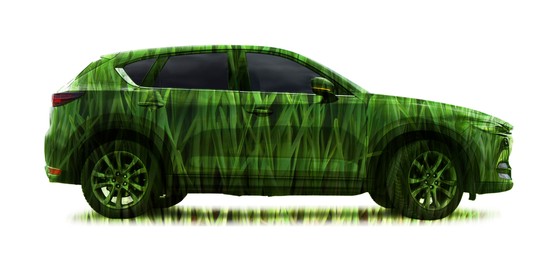 Image of Eco-friendly transportation. Car with green floral pattern on white background