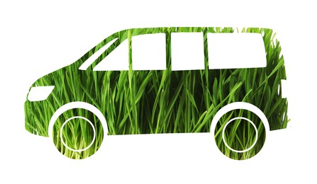 Image of Eco-friendly transportation. Minibus silhouette with pattern of green grass on white background