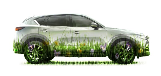 Image of Eco-friendly transportation. Car with green floral pattern on white background