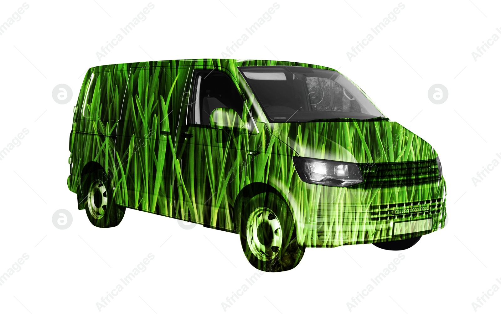 Image of Eco-friendly transportation. Minibus with green floral pattern on white background