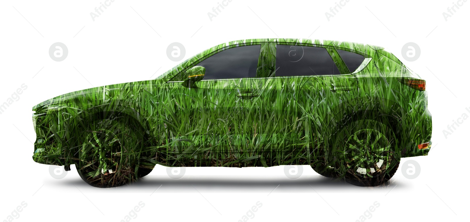 Image of Eco-friendly transportation. Car with green floral pattern on white background