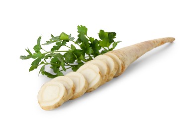 Photo of Fresh parsley and cut root isolated on white