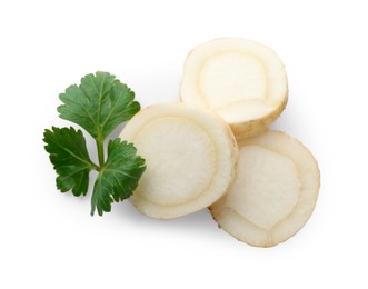 Photo of Fresh parsley and cut root isolated on white, top view