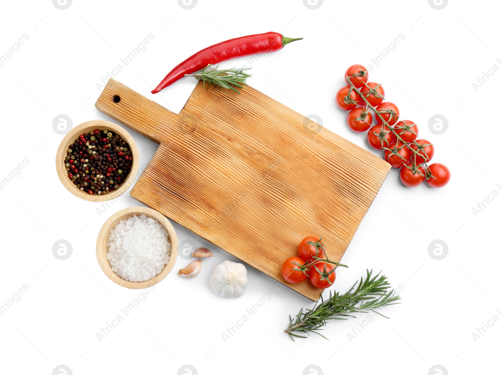 Photo of Cutting board with tomatoes and spices isolated on white, top view