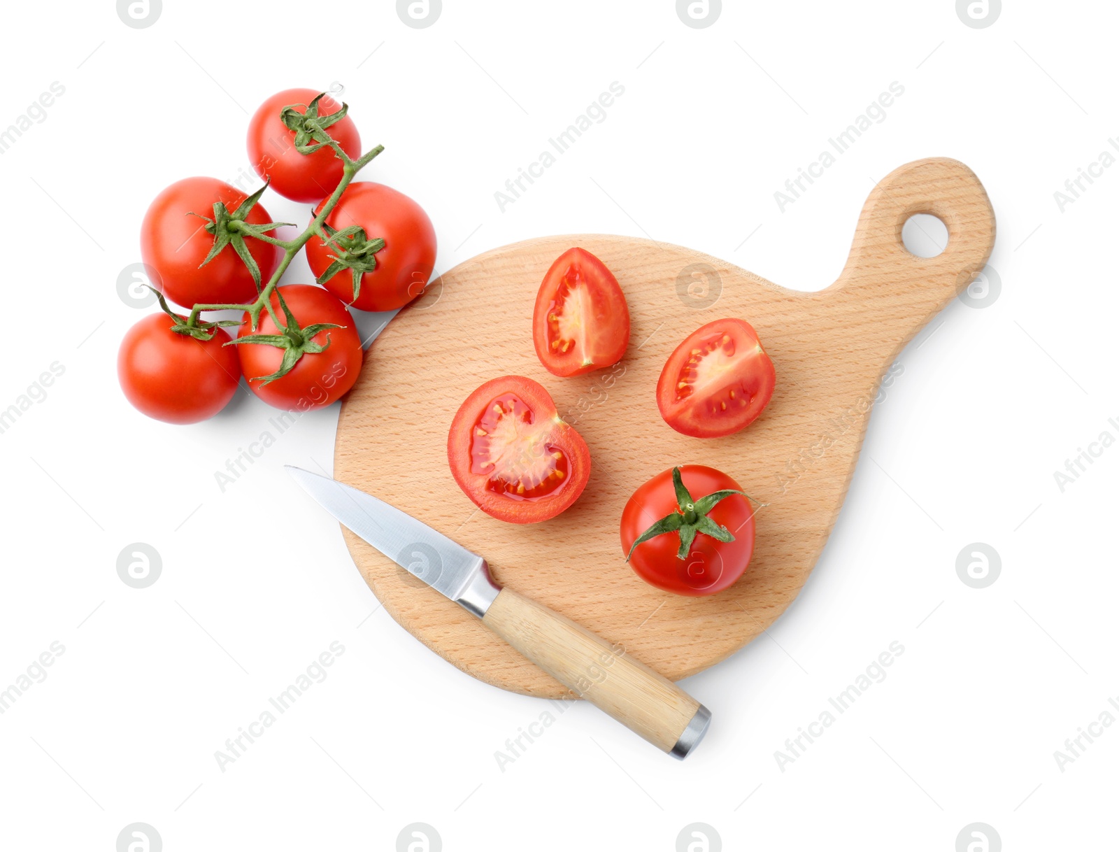 Photo of Cutting board with tomatoes and knife isolated on white, top view