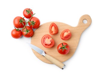 Photo of Cutting board with tomatoes and knife isolated on white, top view