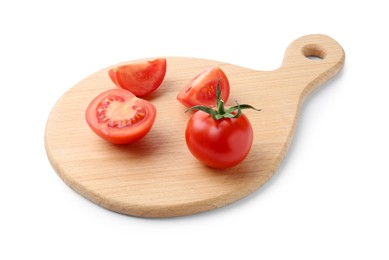 Photo of Cutting board with tomatoes isolated on white