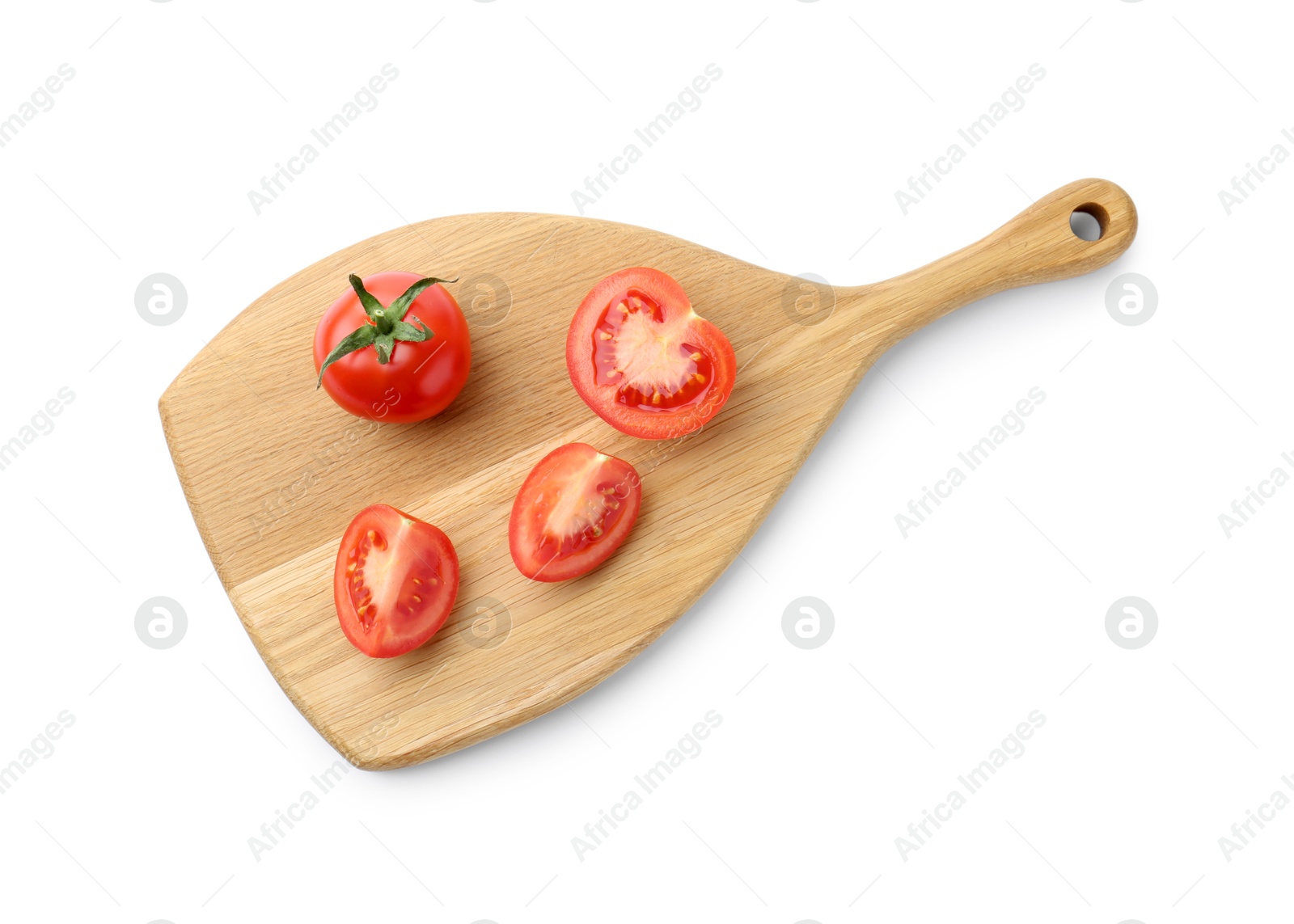 Photo of Cutting board with tomatoes isolated on white, top view