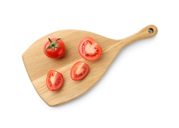 Photo of Cutting board with tomatoes isolated on white, top view