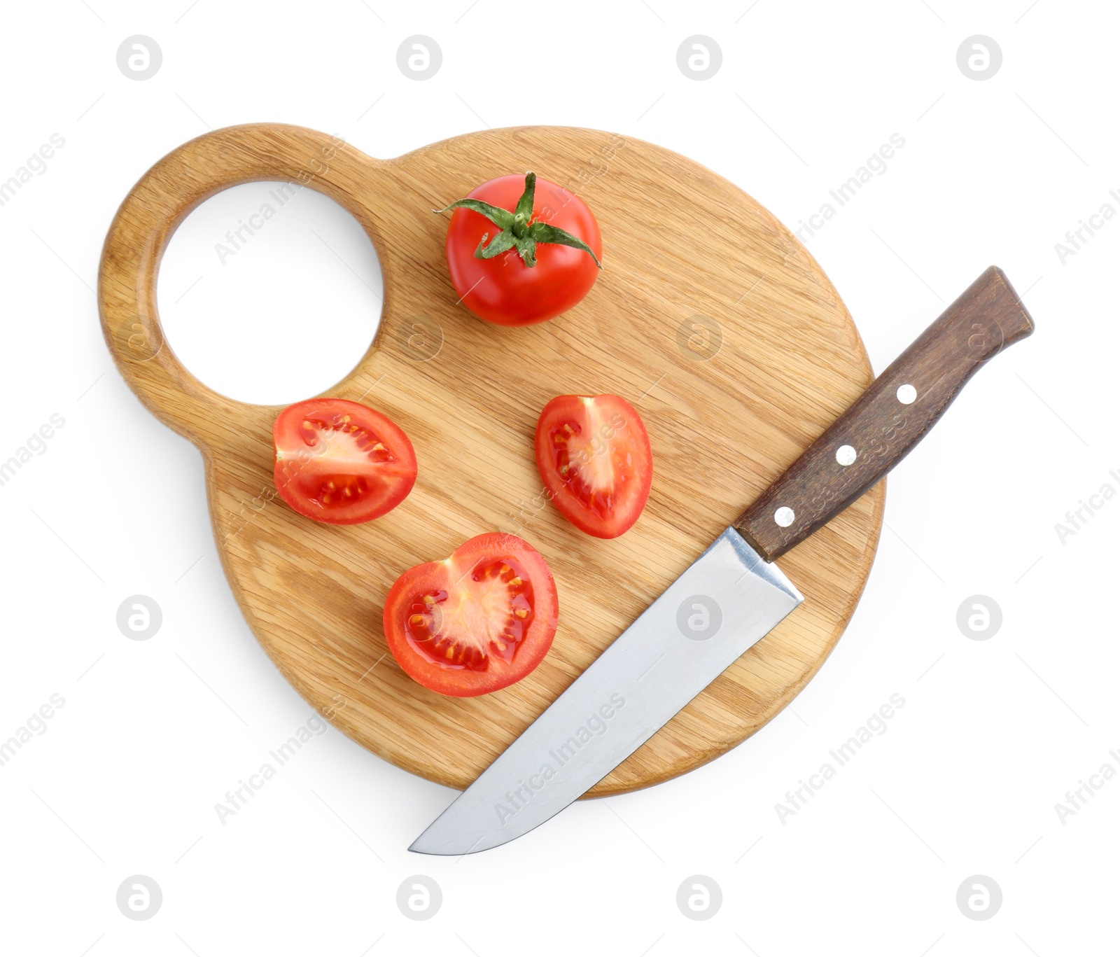 Photo of Cutting board with tomatoes and knife isolated on white, top view