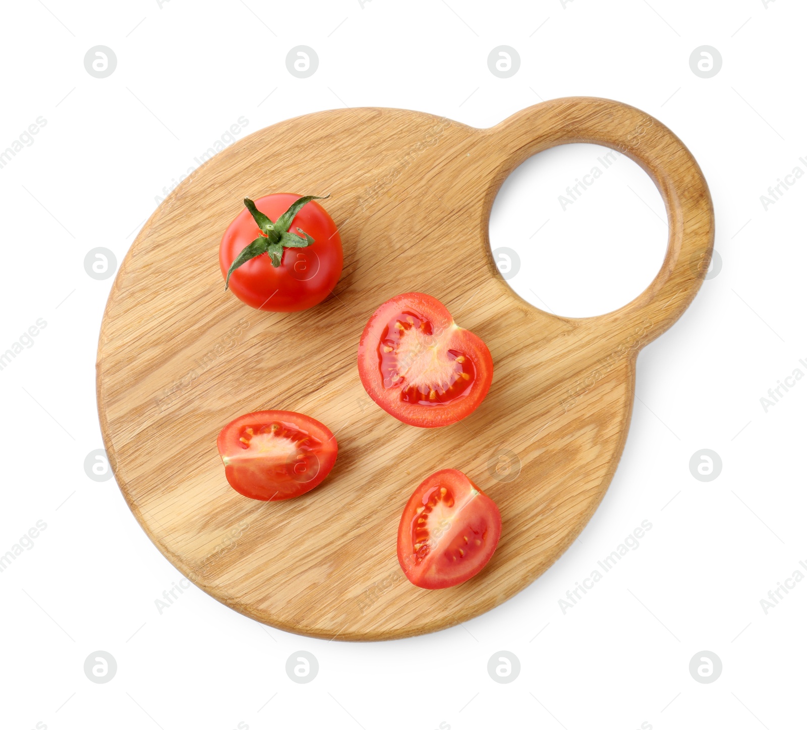 Photo of Cutting board with tomatoes isolated on white, top view