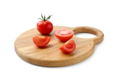 Photo of Cutting board with tomatoes isolated on white