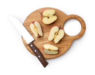 Photo of Wooden cutting board with cut apples and knife isolated on white, top view