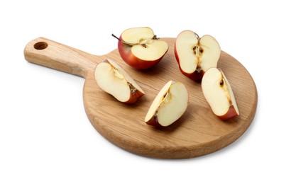 Photo of Wooden cutting board with cut apples isolated on white