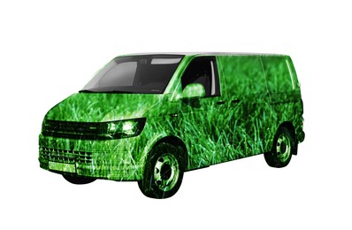 Image of Eco-friendly transportation. Minibus with green floral pattern on white background