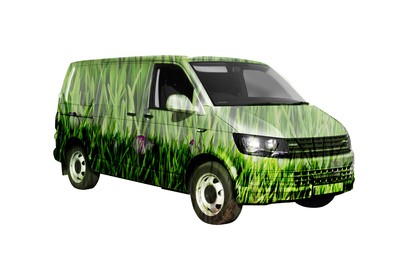 Image of Eco-friendly transportation. Minibus with green floral pattern on white background