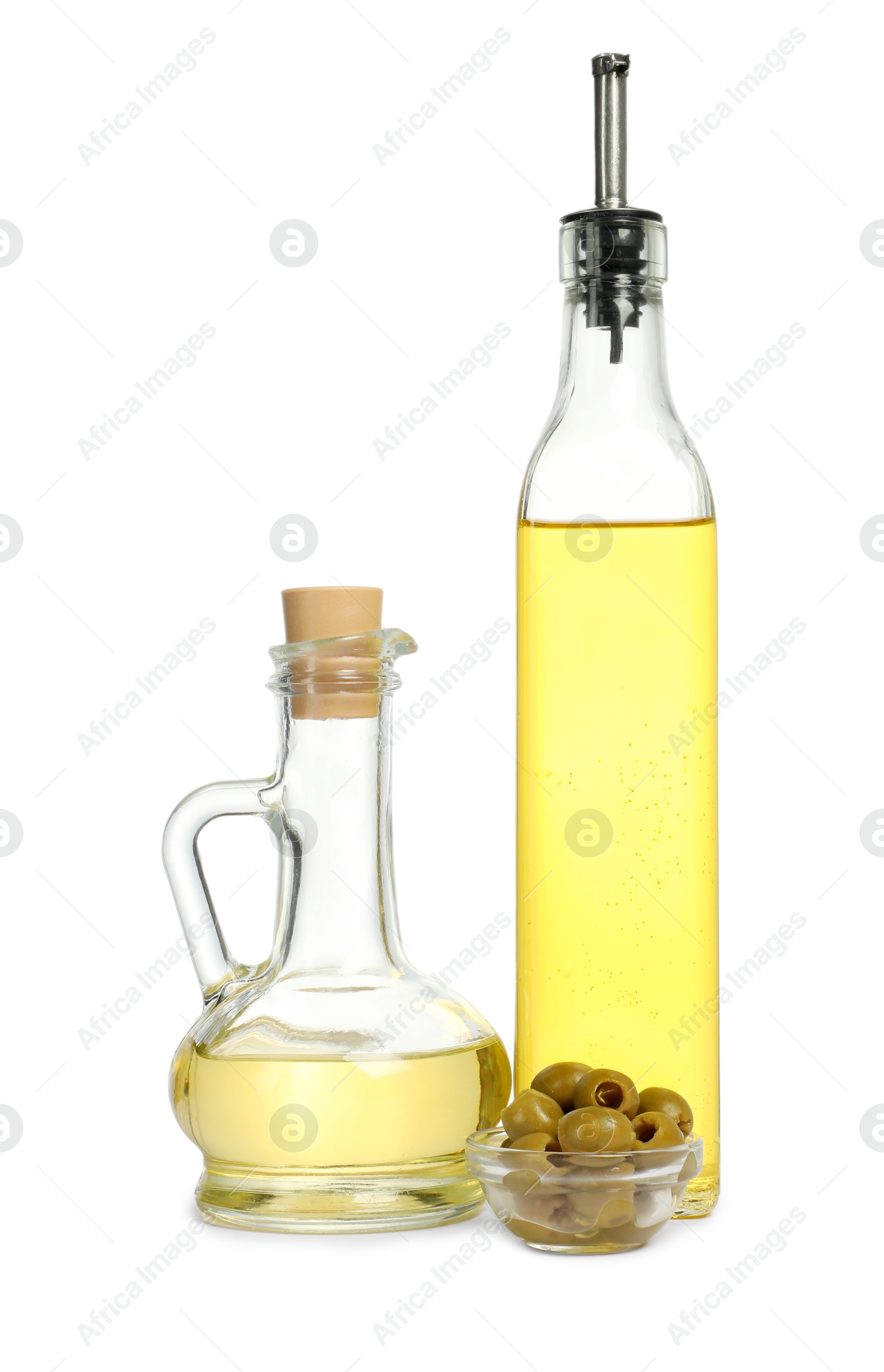 Photo of Salad dressings and olives isolated on white