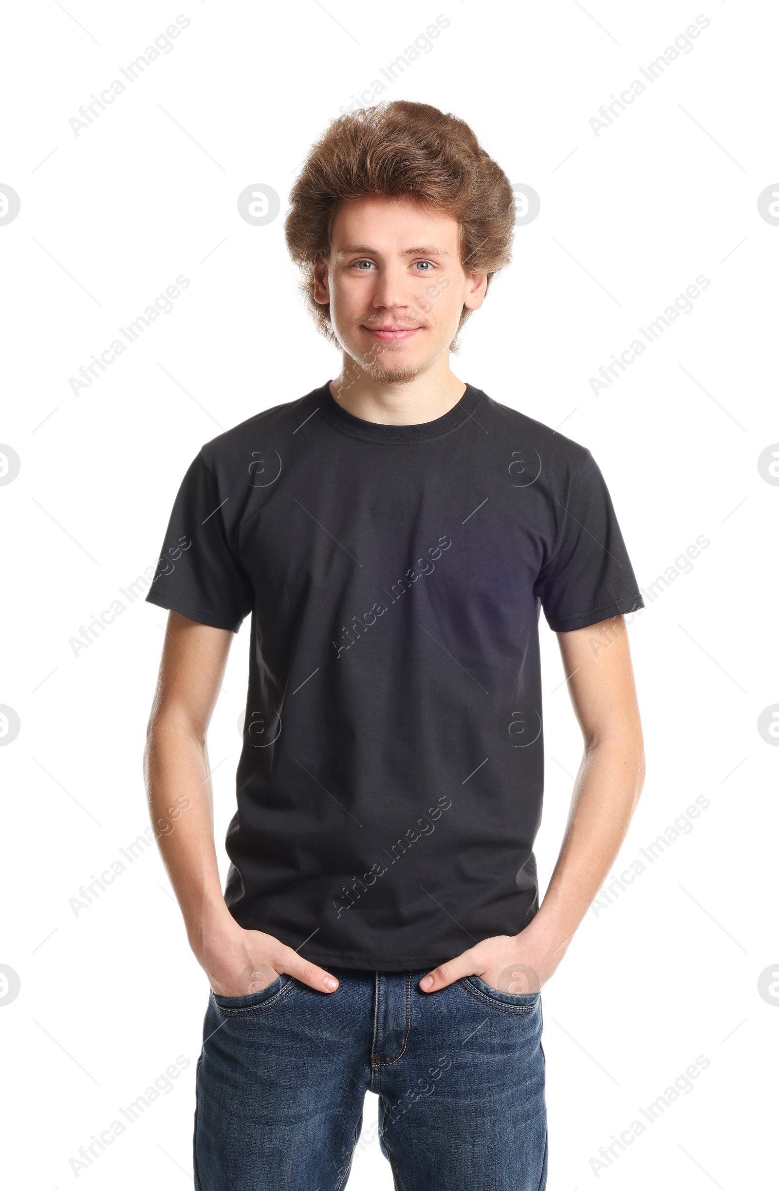 Photo of Young man wearing blank black t-shirt on white background. Mockup for design