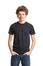 Photo of Young man wearing blank black t-shirt on white background. Mockup for design