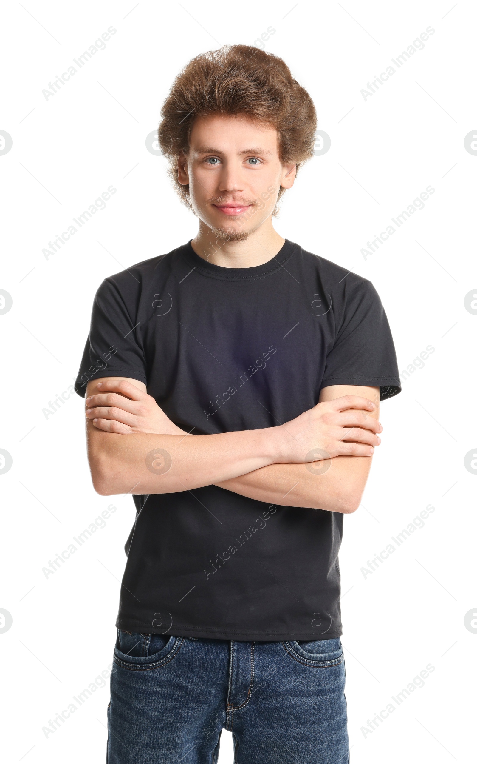 Photo of Young man wearing blank black t-shirt on white background. Mockup for design