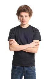 Photo of Young man wearing blank black t-shirt on white background. Mockup for design