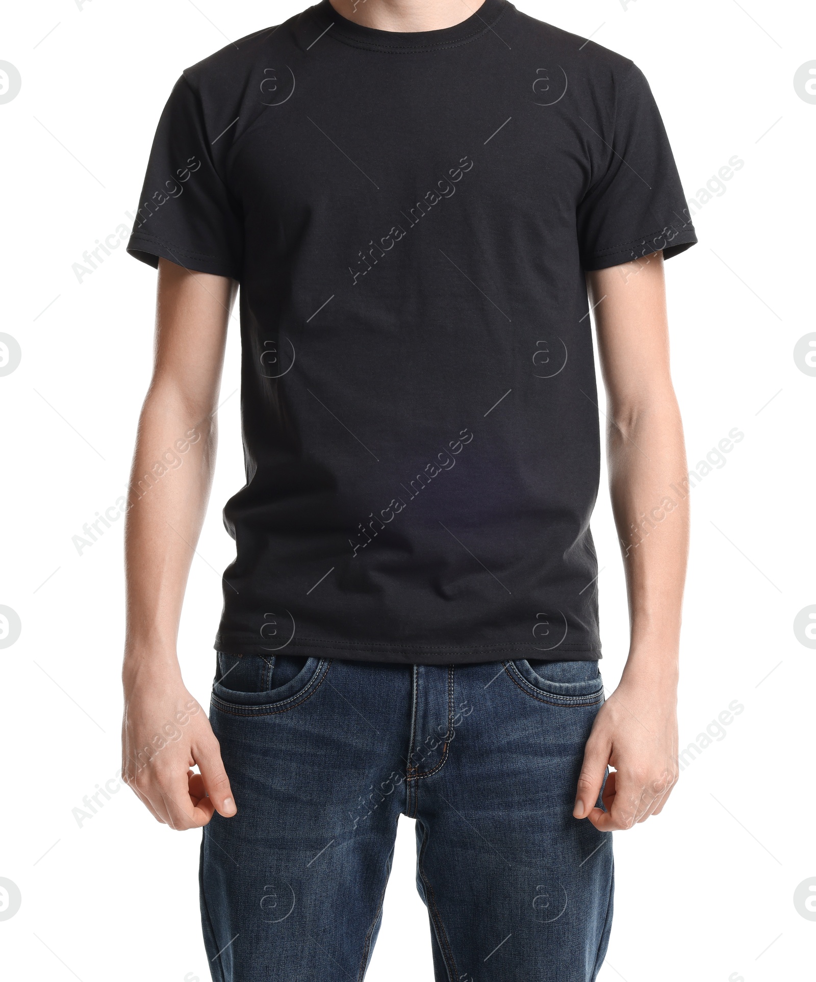 Photo of Young man wearing blank black t-shirt on white background, closeup. Mockup for design