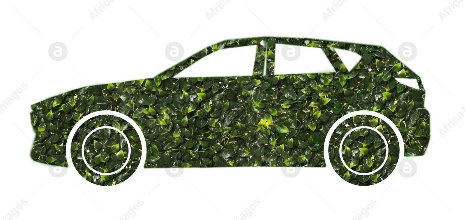 Image of Eco-friendly transportation. Silhouette of car with green floral pattern on white background