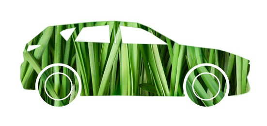 Image of Eco-friendly transportation. Car silhouette with pattern of green grass on white background