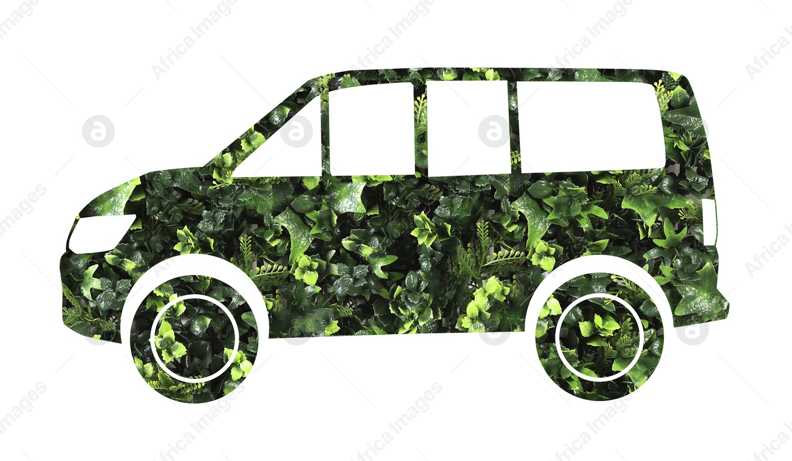 Image of Eco-friendly transportation. Silhouette of minibus with green floral pattern on white background