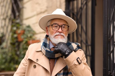 Stylish bearded senior man on city street