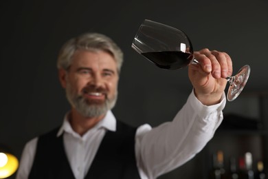 Photo of Professional sommelier analyzing quality of red wine indoors, selective focus