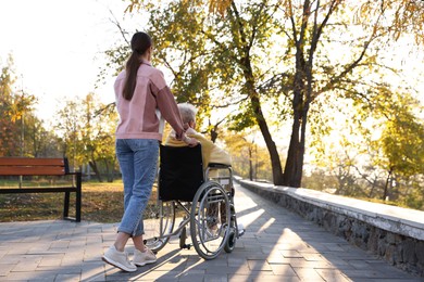 Photo of Caregiver with elderly woman in wheelchair at park, back view. Space for text