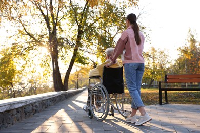 Photo of Caregiver with elderly woman in wheelchair at park, back view. Space for text