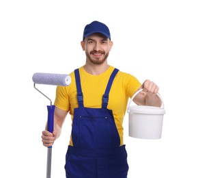 Photo of Professional painter with roller and bucket of paint on white background