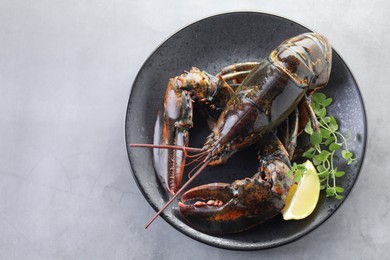 Photo of Raw lobster, piece of lemon and microgreens on grey textured table, top view. Space for text