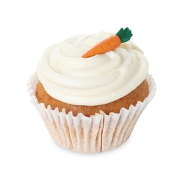 Photo of One delicious carrot cupcake isolated on white