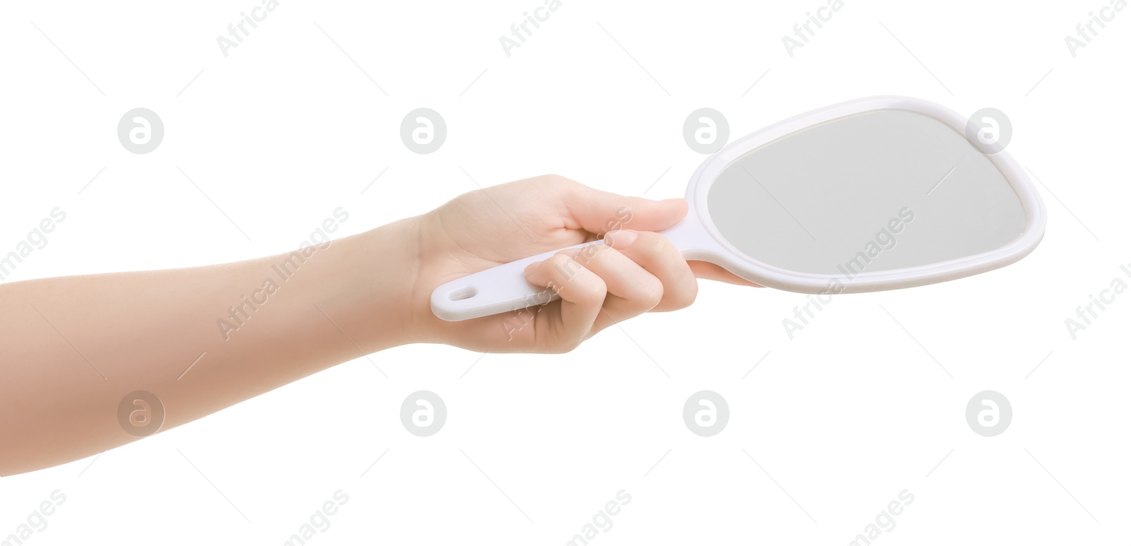 Photo of Woman with mirror for pet grooming on white background, closeup