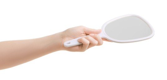 Photo of Woman with mirror for pet grooming on white background, closeup