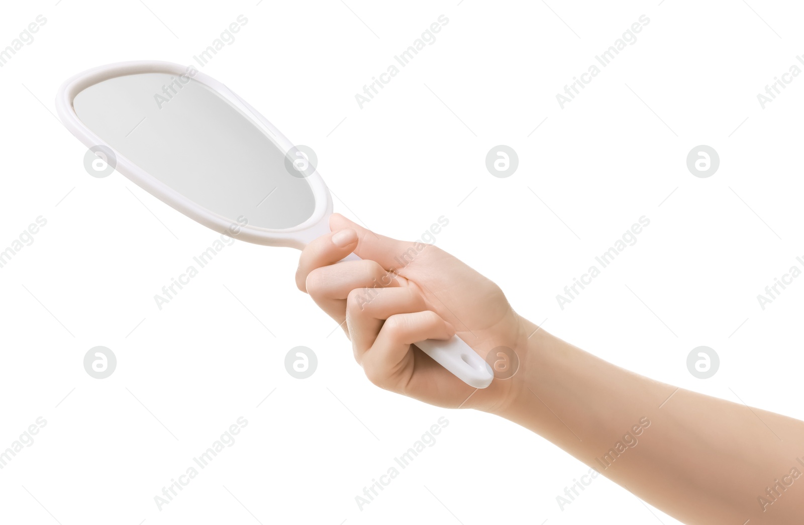 Photo of Woman with mirror for pet grooming on white background, closeup