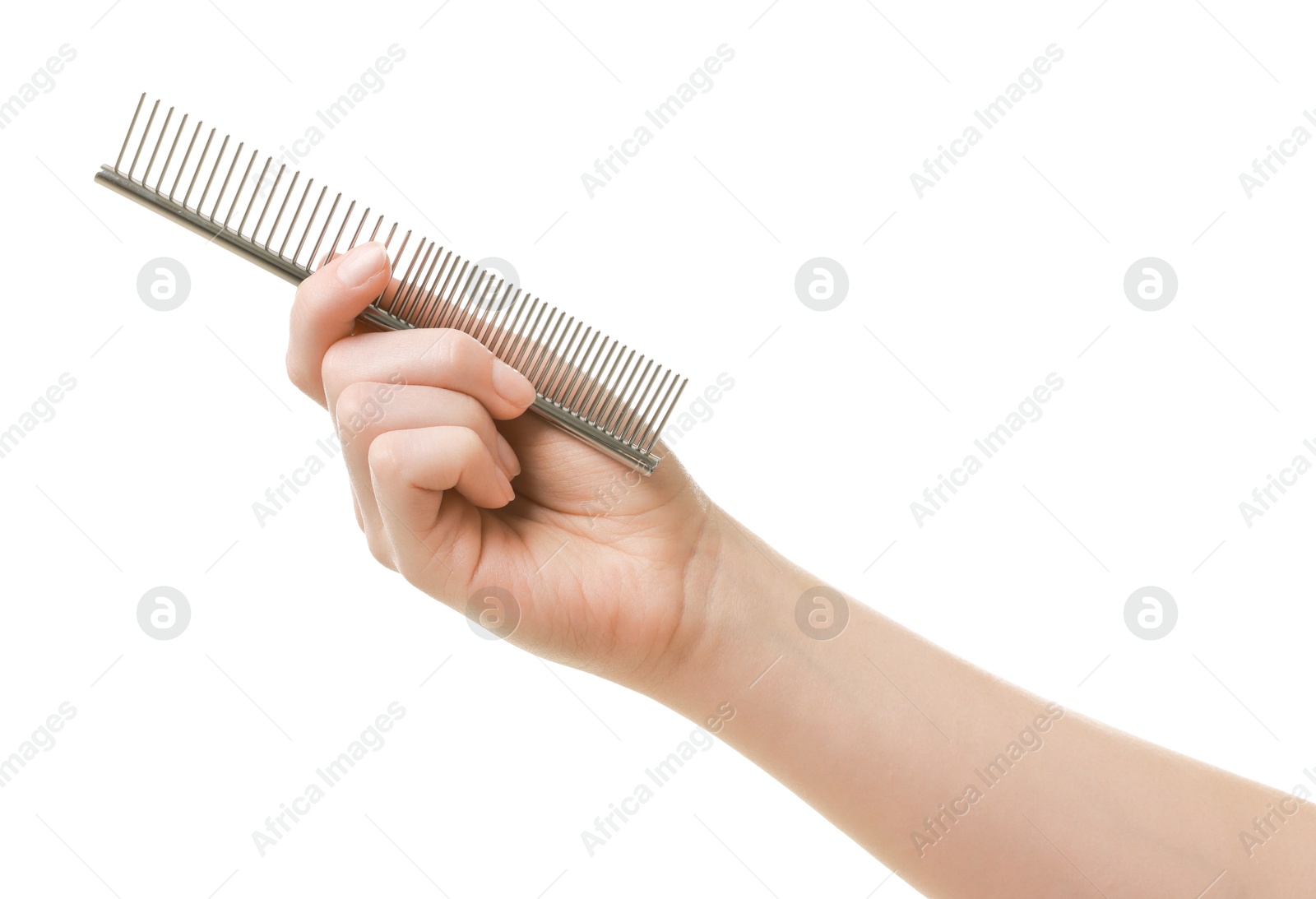 Photo of Woman with comb for pet grooming on white background, closeup