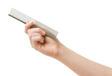 Photo of Woman with comb for pet grooming on white background, closeup