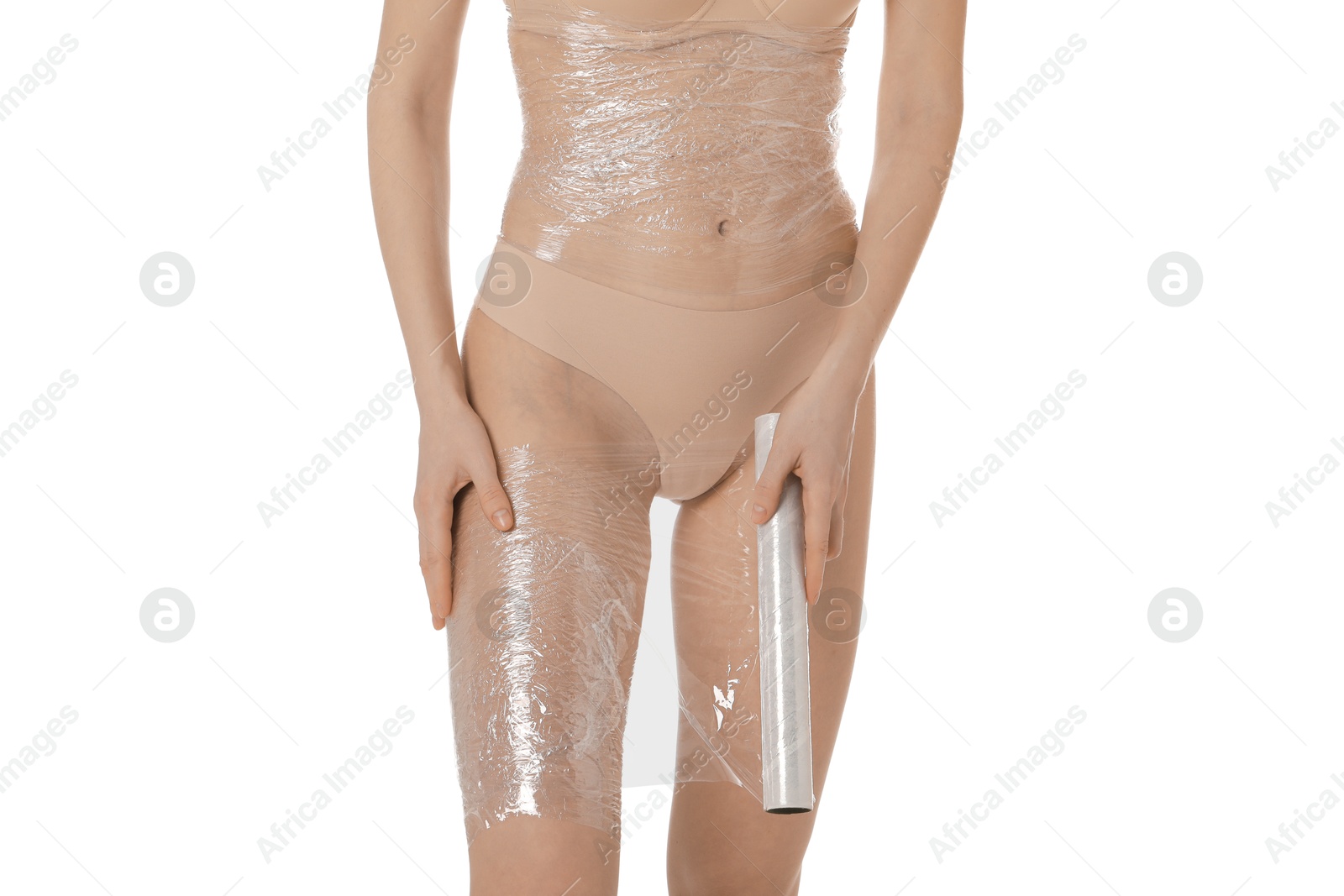 Photo of Woman doing spa body wraps on white background, closeup