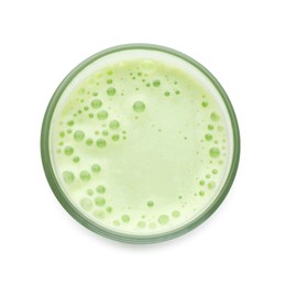 Photo of Fresh mung bean juice in glass isolated on white, top view