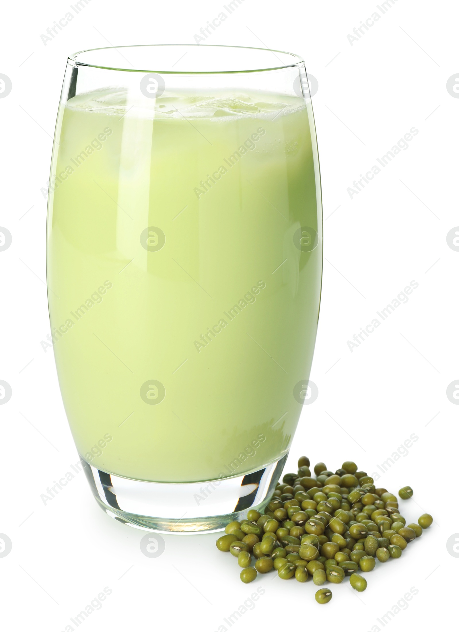 Fresh mung bean juice in glass and seeds isolated on white Photo of Fresh mung bean juice in glass and seeds isolated on white