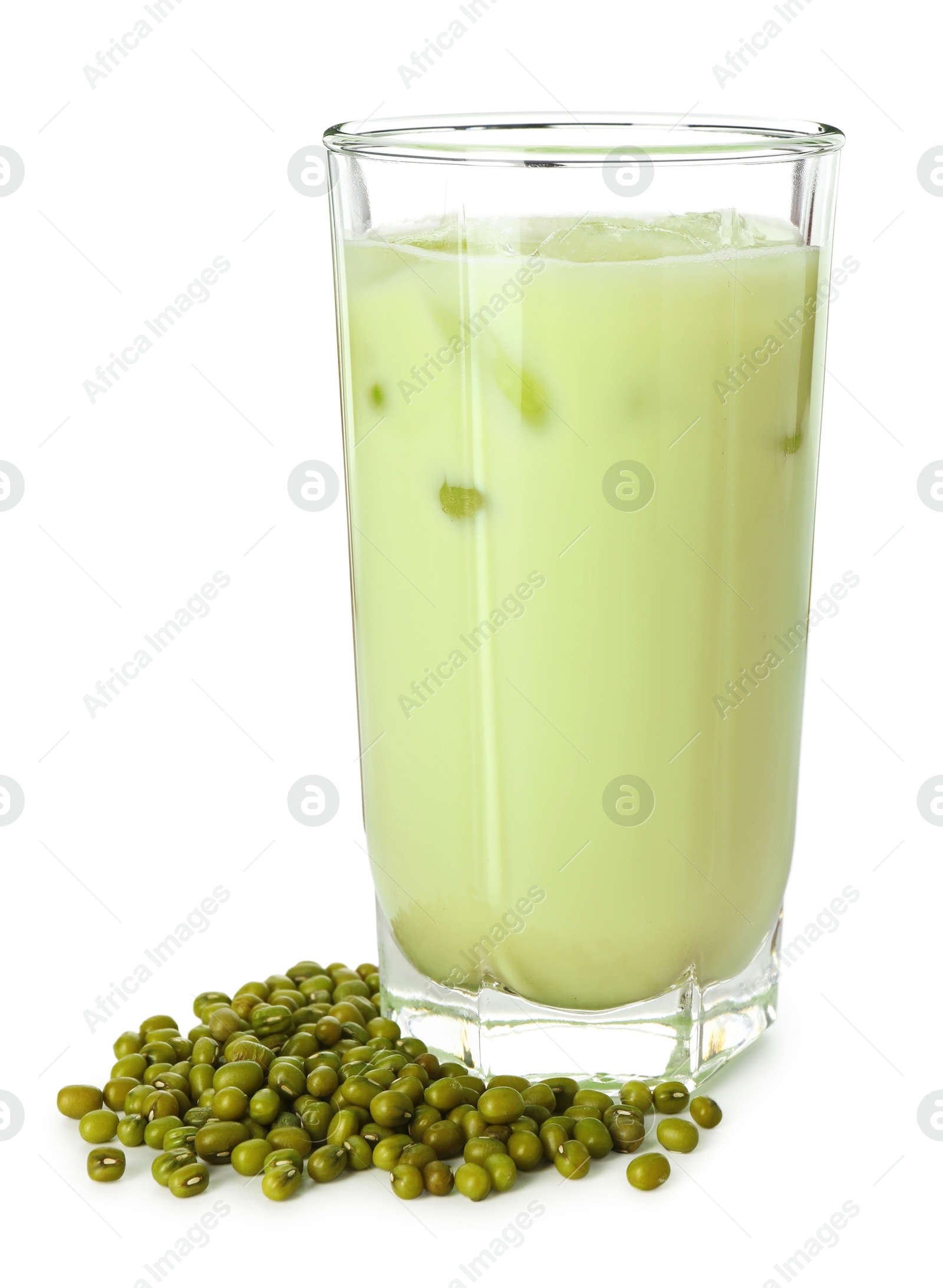 Fresh mung bean juice in glass and seeds isolated on white Photo of Fresh mung bean juice in glass and seeds isolated on white