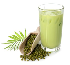 Photo of Fresh mung bean juice in glass, seeds, scoop and green twig isolated on white