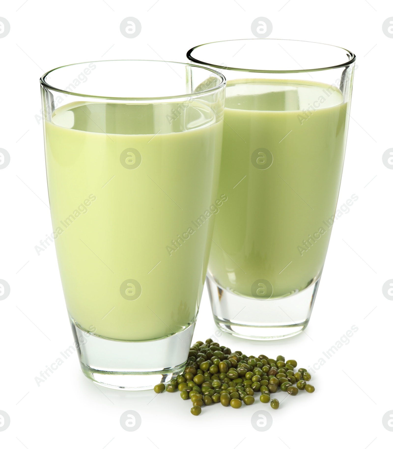 Fresh mung bean juice in glasses and seeds isolated on white Photo of Fresh mung bean juice in glasses and seeds isolated on white